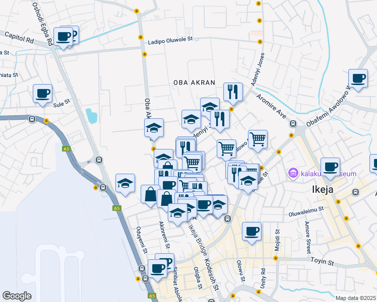 map of restaurants, bars, coffee shops, grocery stores, and more near Wemabod Estate in Ikeja