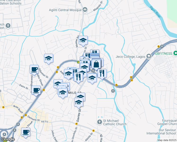 map of restaurants, bars, coffee shops, grocery stores, and more near Ikorodu - Lagos Road in Lagos