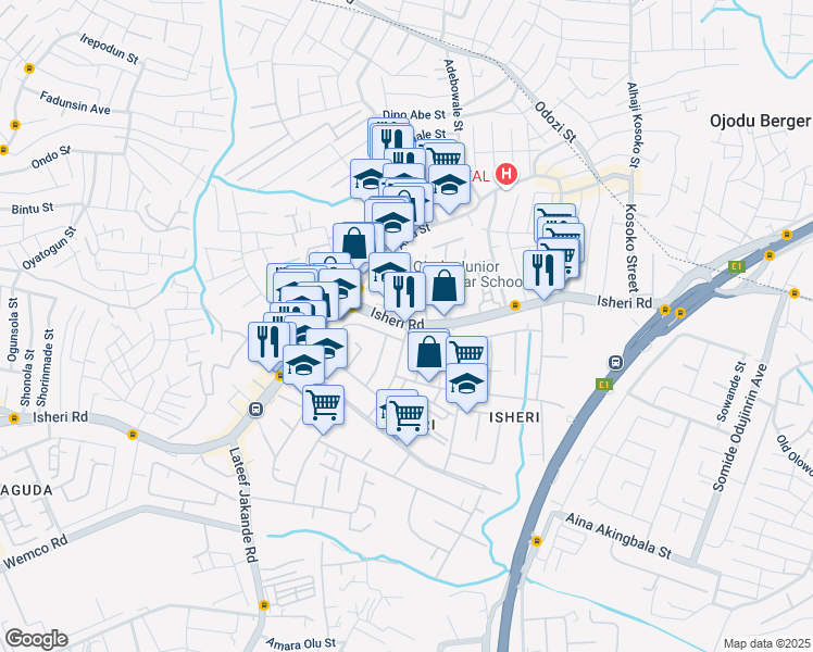 map of restaurants, bars, coffee shops, grocery stores, and more near Isheri Road in Ikeja