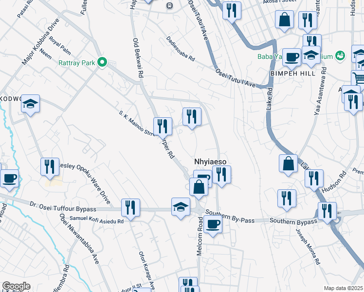 map of restaurants, bars, coffee shops, grocery stores, and more near Dr. Donkor Fordjour Avenue in Kumasi