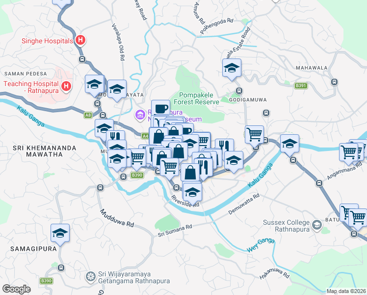 map of restaurants, bars, coffee shops, grocery stores, and more near Goods Shed Road in Ratnapura
