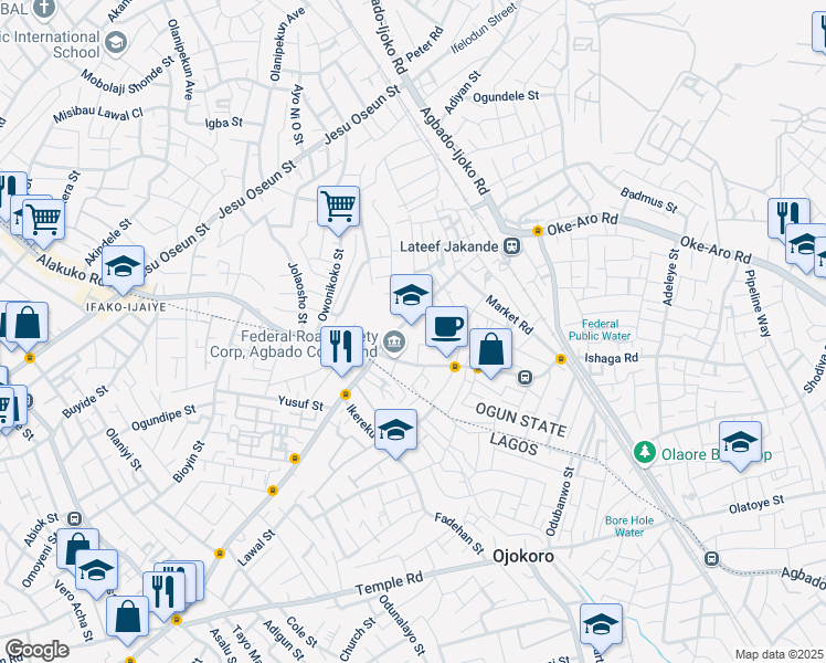 map of restaurants, bars, coffee shops, grocery stores, and more near Agbado Ijaiye Road in Ojokoro