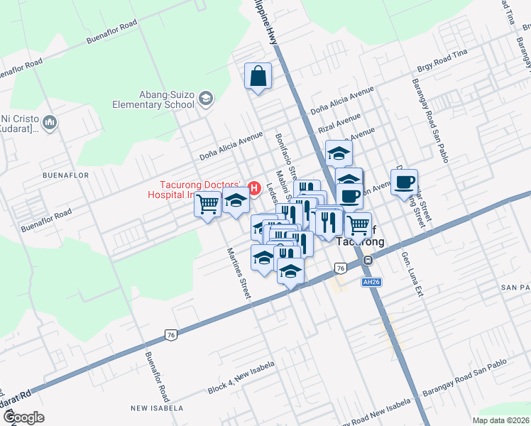 map of restaurants, bars, coffee shops, grocery stores, and more near Malvar Street in Tacurong City