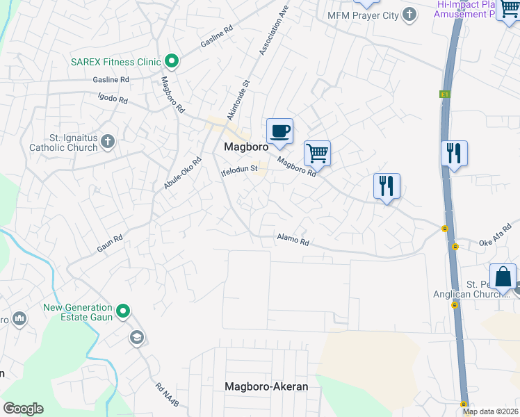 map of restaurants, bars, coffee shops, grocery stores, and more near Shina Kodaolu Street in Magboro