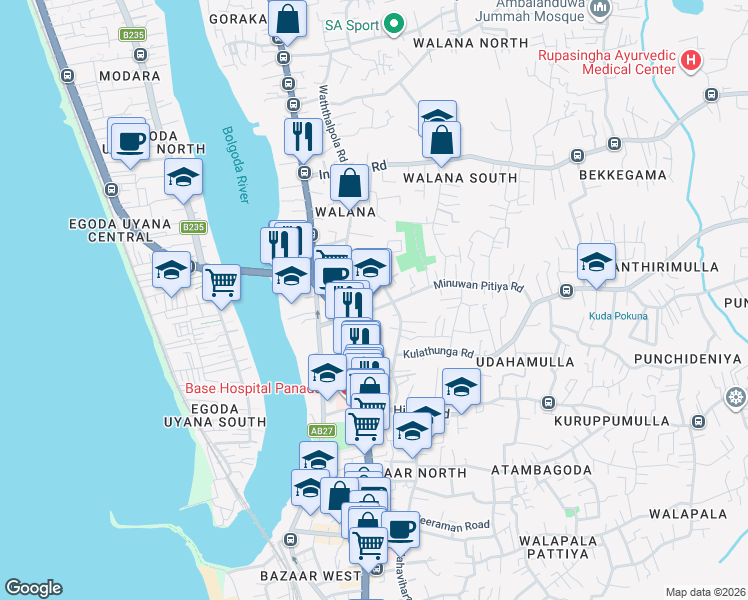 map of restaurants, bars, coffee shops, grocery stores, and more near Walana Road in Panadura
