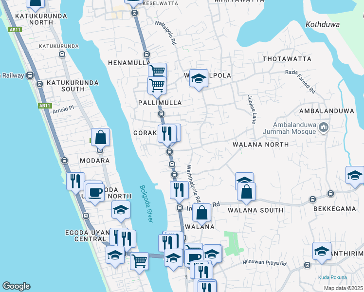 map of restaurants, bars, coffee shops, grocery stores, and more near Jubilee Road in Panadura