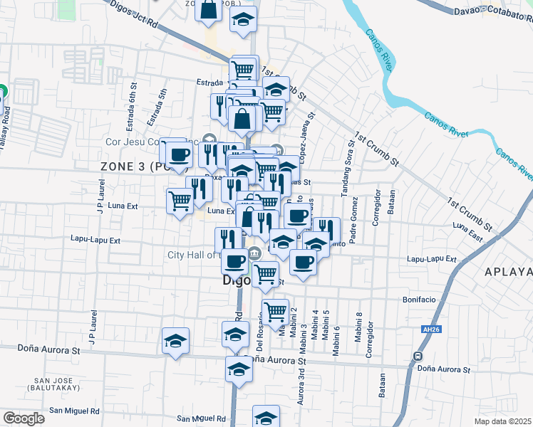 map of restaurants, bars, coffee shops, grocery stores, and more near Vinzon st. in Digos City