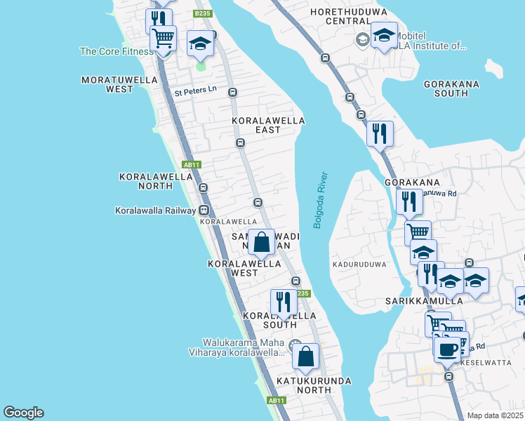 map of restaurants, bars, coffee shops, grocery stores, and more near Modara Road in Moratuwa