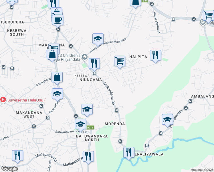 map of restaurants, bars, coffee shops, grocery stores, and more near Makandana Road in Piliyandala