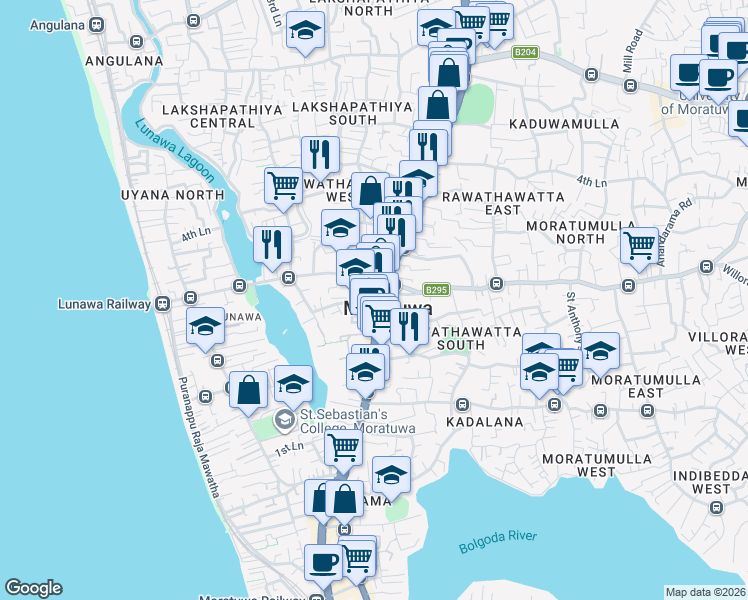 map of restaurants, bars, coffee shops, grocery stores, and more near Station Road in Moratuwa