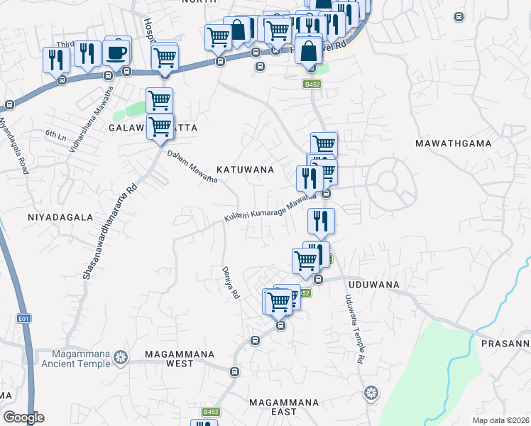 map of restaurants, bars, coffee shops, grocery stores, and more near Kulasiri Kumarage Mawatha in Homagama