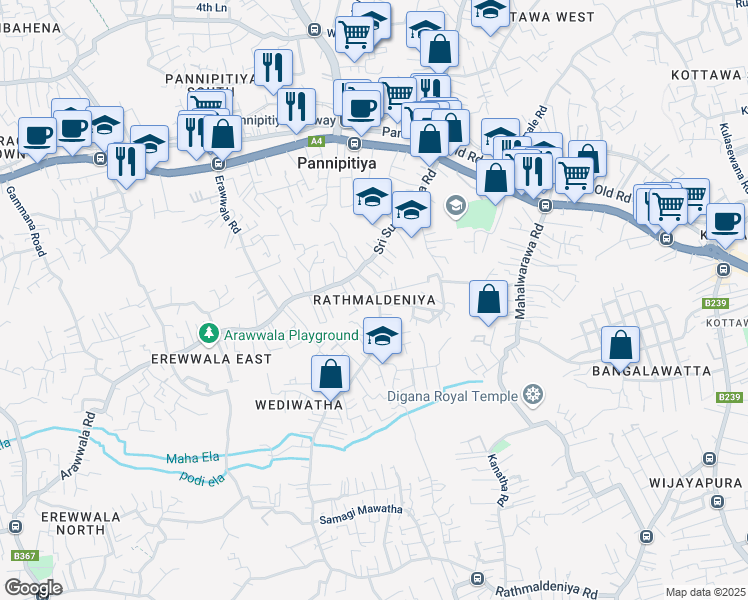 map of restaurants, bars, coffee shops, grocery stores, and more near Rathmaldeniya Road in Pannipitiya