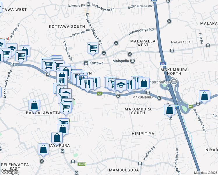 map of restaurants, bars, coffee shops, grocery stores, and more near Sirilak Mawatha in Pannipitiya