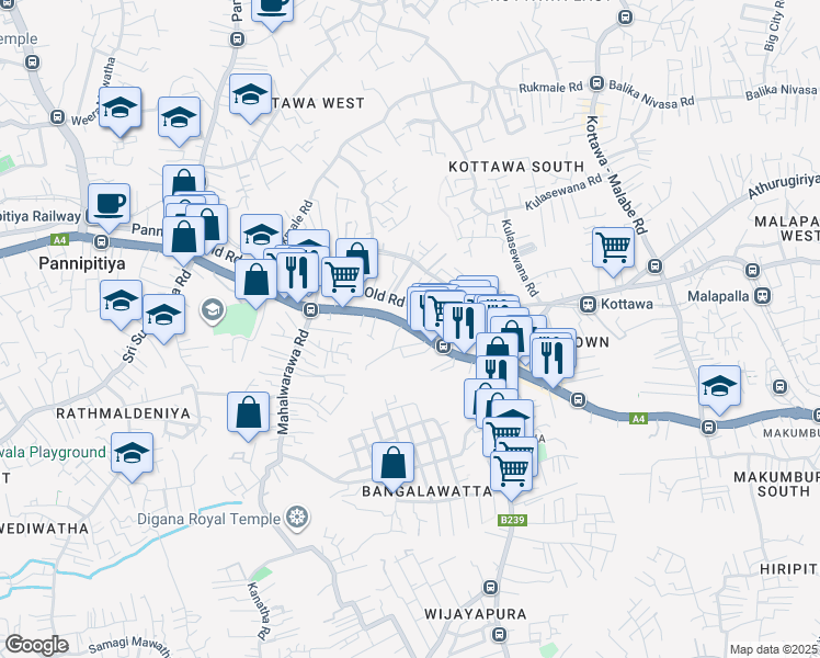 map of restaurants, bars, coffee shops, grocery stores, and more near Old Kottawa Road in Pannipitiya