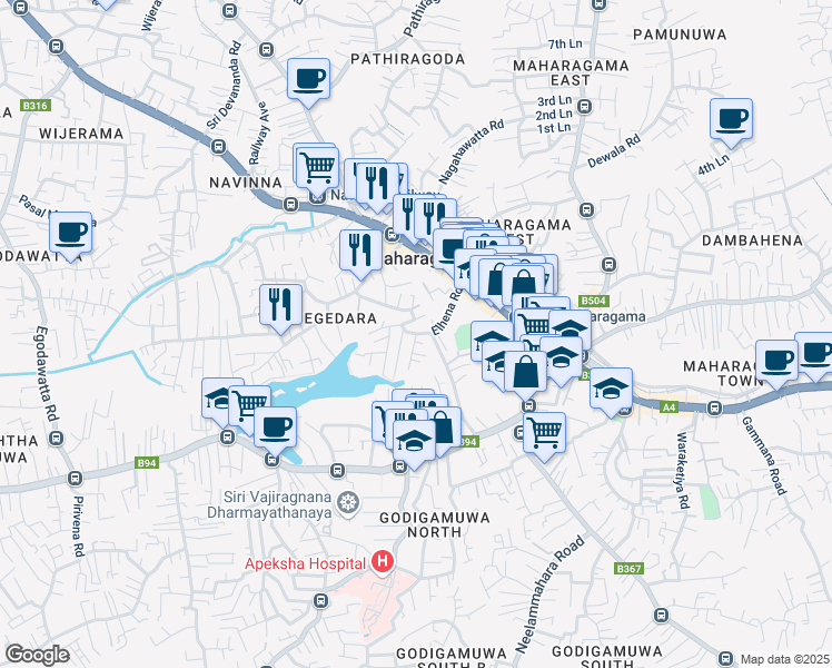 map of restaurants, bars, coffee shops, grocery stores, and more near Elhena Road in Maharagama