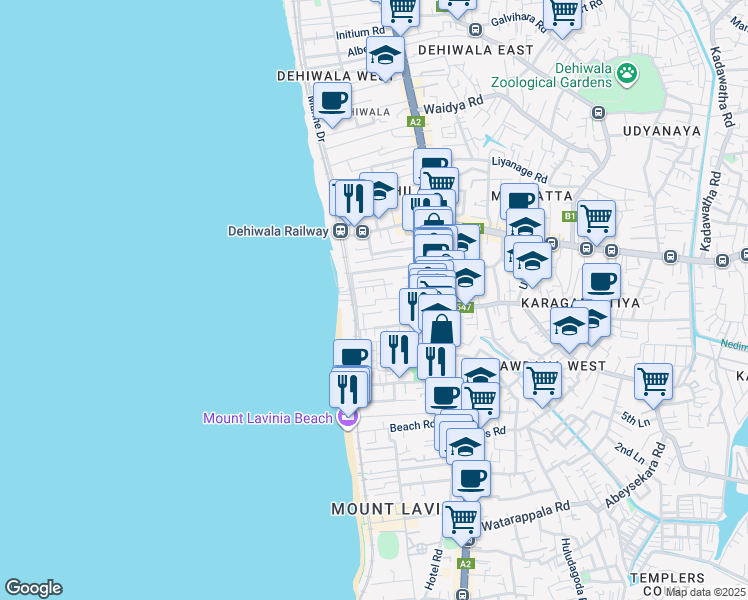 map of restaurants, bars, coffee shops, grocery stores, and more near 18 Aponsu Mawatha in Dehiwala-Mount Lavinia