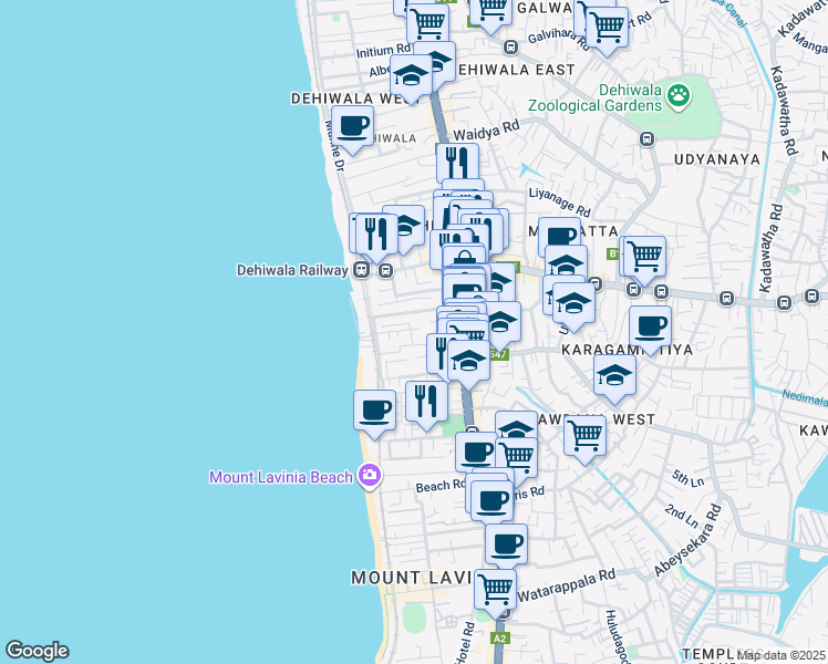 map of restaurants, bars, coffee shops, grocery stores, and more near 18 Aponsu Mawatha in Dehiwala-Mount Lavinia