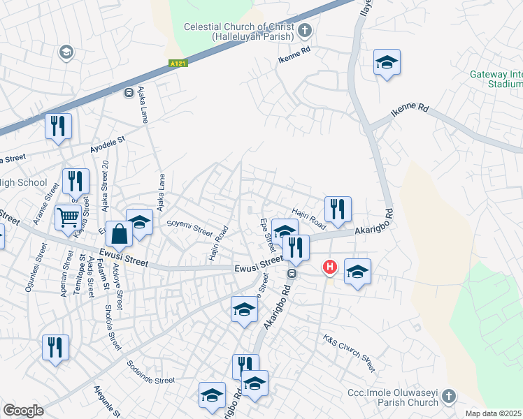 map of restaurants, bars, coffee shops, grocery stores, and more near Epe Street in Sagamu