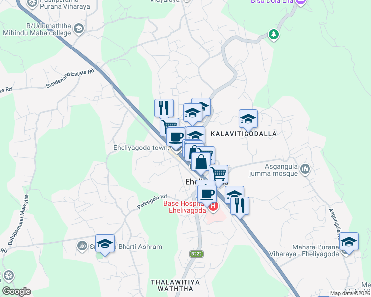 map of restaurants, bars, coffee shops, grocery stores, and more near Vijaya Kumaratunga Road in Eheliyagoda