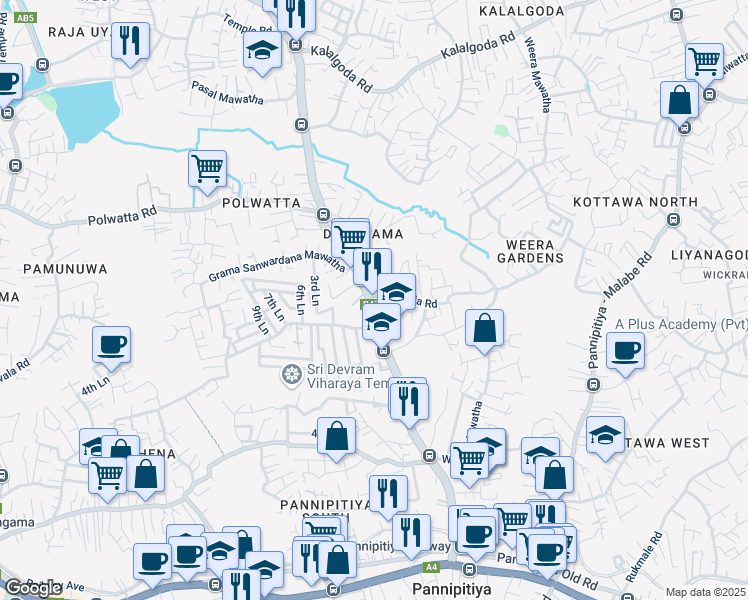 map of restaurants, bars, coffee shops, grocery stores, and more near Devala Road in Pannipitiya
