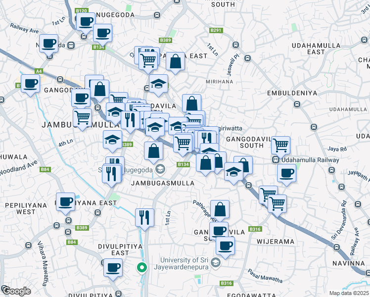 map of restaurants, bars, coffee shops, grocery stores, and more near Colombo-Ratnapura-Wellawaya-Batticaloa Highway in Nugegoda