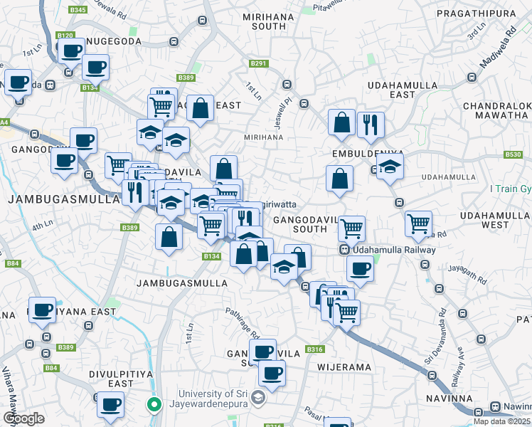 map of restaurants, bars, coffee shops, grocery stores, and more near Pangiriwatta Road in Nugegoda