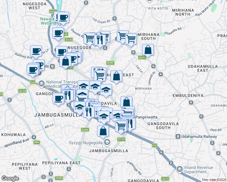 map of restaurants, bars, coffee shops, grocery stores, and more near Samagi Mawatha in Nugegoda