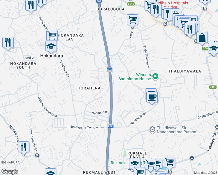 map of restaurants, bars, coffee shops, grocery stores, and more near Horahena Road in Hokandara