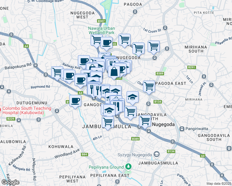 map of restaurants, bars, coffee shops, grocery stores, and more near Jambugasmulla Road in Nugegoda