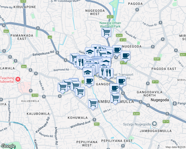 map of restaurants, bars, coffee shops, grocery stores, and more near Nugegoda Flyover in Nugegoda
