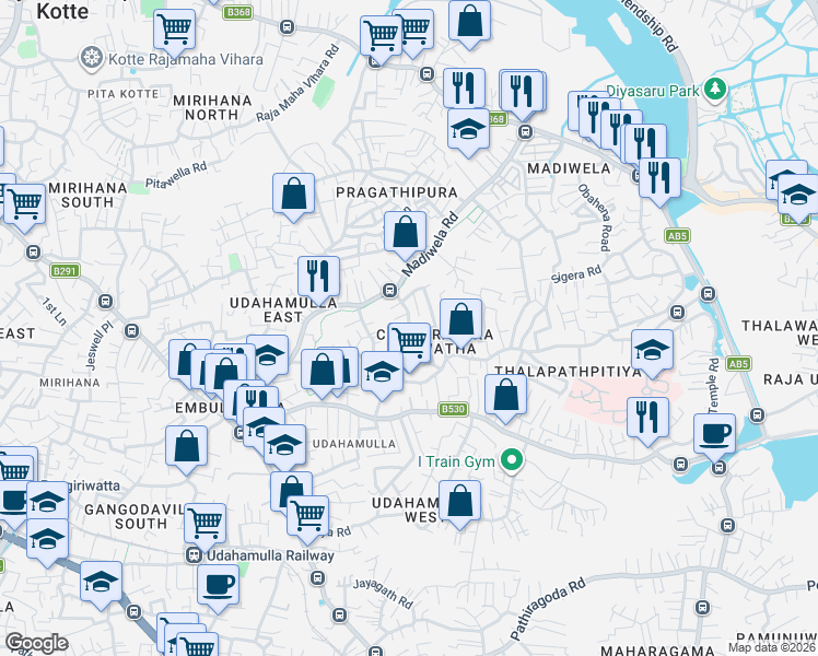 map of restaurants, bars, coffee shops, grocery stores, and more near Anura Mawatha in Nugegoda