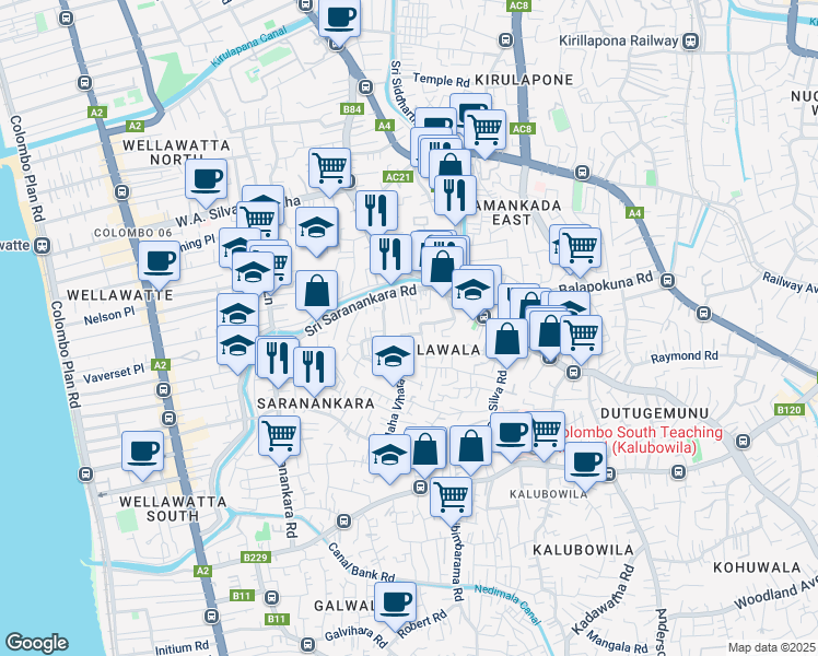map of restaurants, bars, coffee shops, grocery stores, and more near 30a Sri Maha Vihara Rd in Colombo