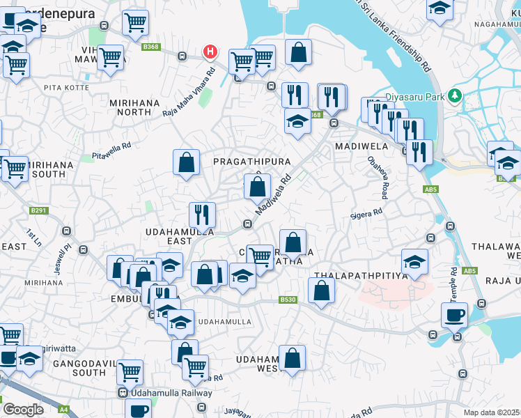 map of restaurants, bars, coffee shops, grocery stores, and more near Madiwela Road in Sri Jayawardenepura Kotte