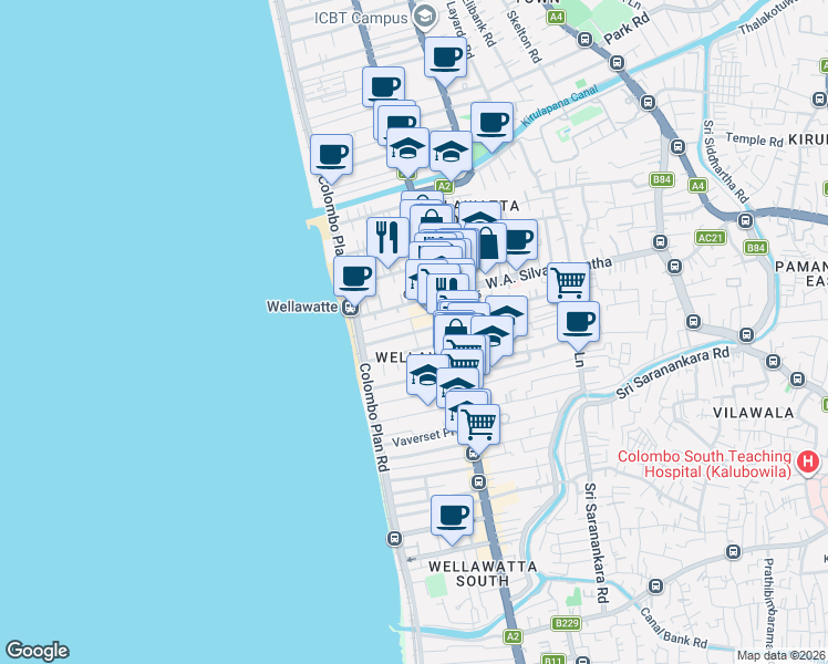 map of restaurants, bars, coffee shops, grocery stores, and more near Collingwood Place in Colombo