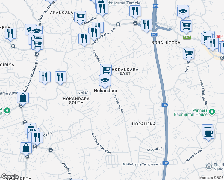 map of restaurants, bars, coffee shops, grocery stores, and more near Horahena Road in Hokandara