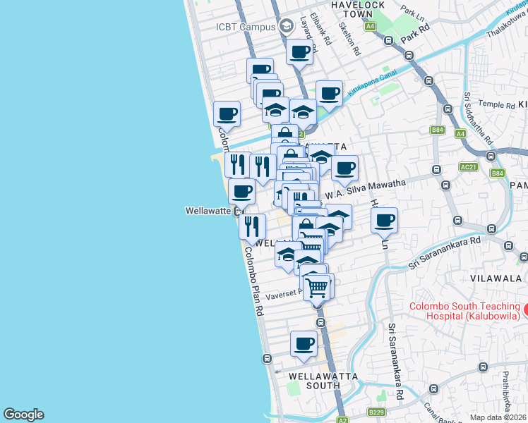 map of restaurants, bars, coffee shops, grocery stores, and more near Wellawatta Station Road in Colombo