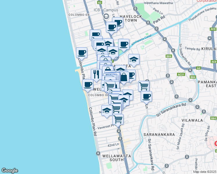 map of restaurants, bars, coffee shops, grocery stores, and more near Malwatta Road in Dehiwala-Mount Lavinia