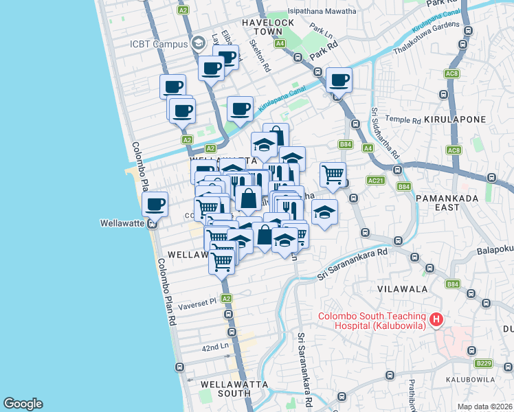 map of restaurants, bars, coffee shops, grocery stores, and more near 68 West A. Silva Mawatha in Colombo