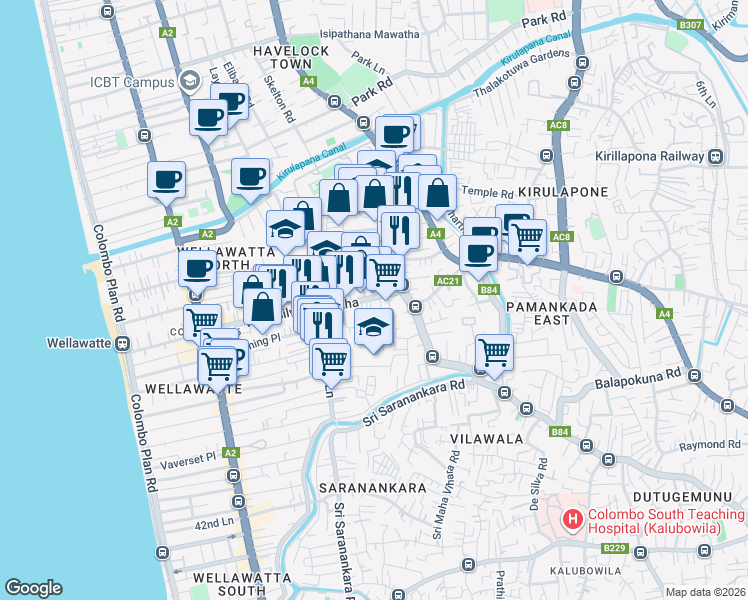 map of restaurants, bars, coffee shops, grocery stores, and more near 168 West A. Silva Mawatha in Colombo