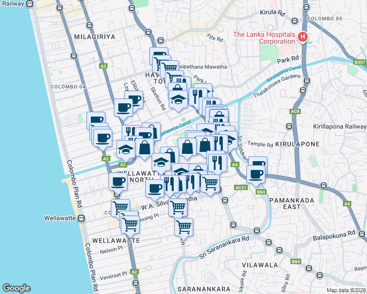 map of restaurants, bars, coffee shops, grocery stores, and more near 66 Mayura Place in Colombo