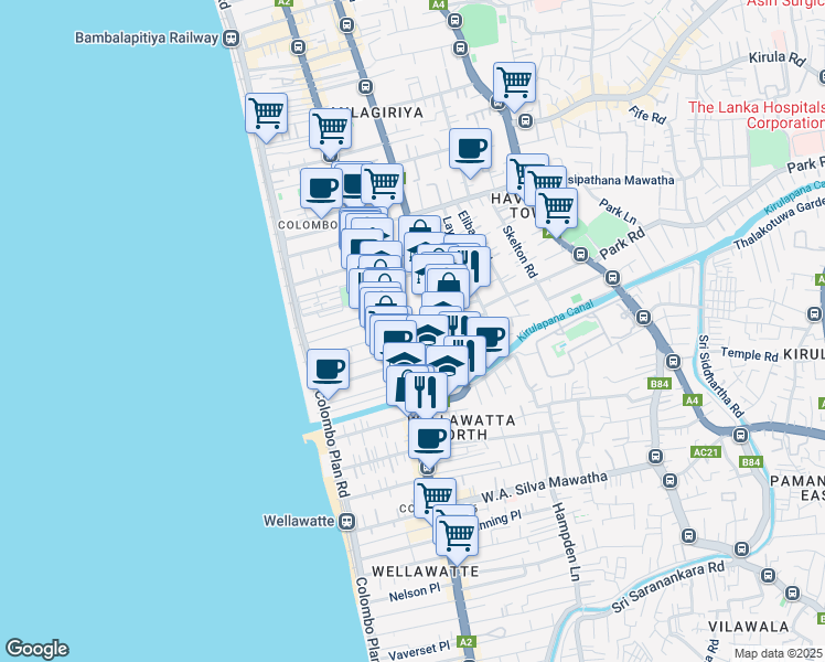map of restaurants, bars, coffee shops, grocery stores, and more near Davidson Road in Colombo
