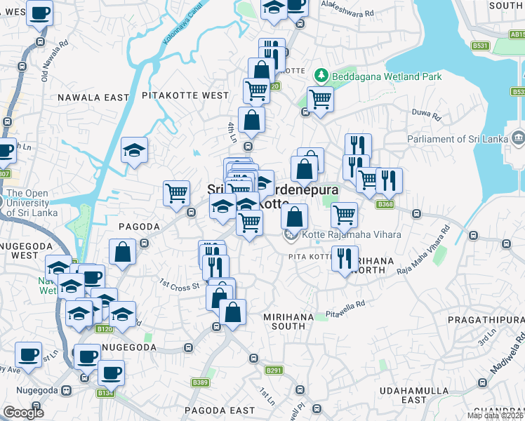 map of restaurants, bars, coffee shops, grocery stores, and more near Ananda Sastralaya Road in Sri Jayawardenepura Kotte