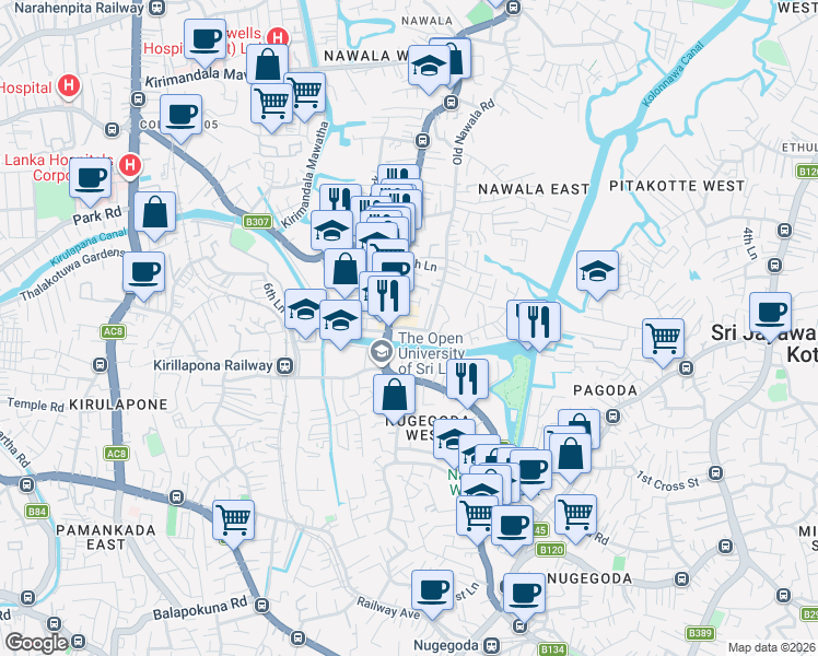 map of restaurants, bars, coffee shops, grocery stores, and more near Temple Road in Sri Jayawardenepura Kotte