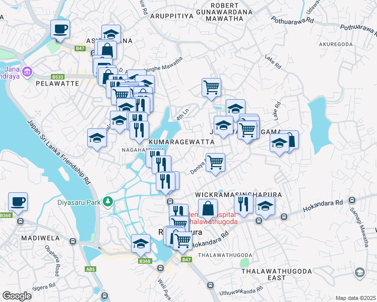 map of restaurants, bars, coffee shops, grocery stores, and more near Kumarage Watta Road in Colombo