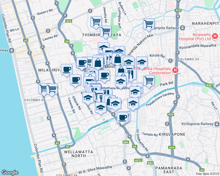 map of restaurants, bars, coffee shops, grocery stores, and more near Isipathana Mawatha in Colombo