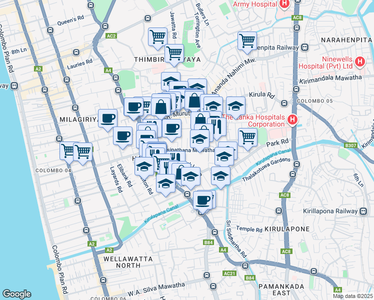 map of restaurants, bars, coffee shops, grocery stores, and more near Isipathana Mawatha in Colombo