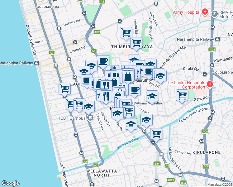 map of restaurants, bars, coffee shops, grocery stores, and more near Sri Sambuddhathva Jayanthi Mawatha in Colombo