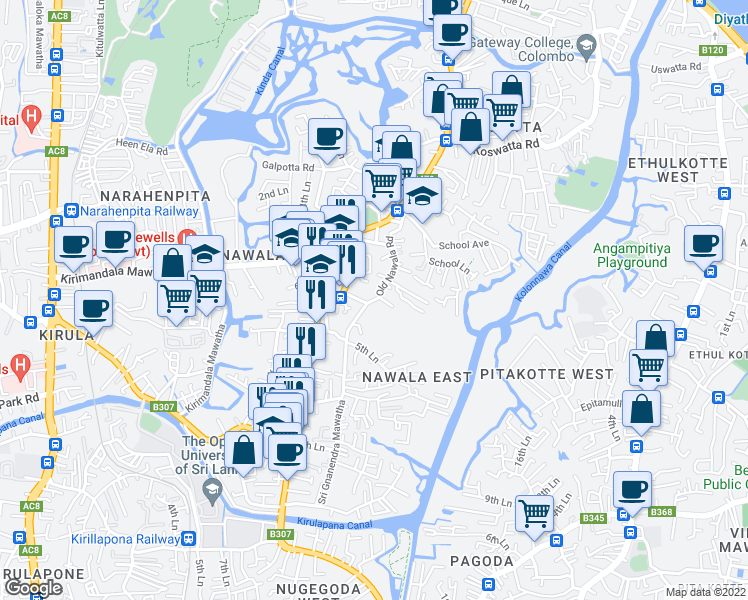 map of restaurants, bars, coffee shops, grocery stores, and more near Old Nawala Road in Sri Jayawardenepura Kotte