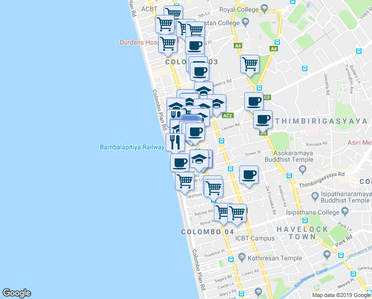 map of restaurants, bars, coffee shops, grocery stores, and more near Station Road in Colombo