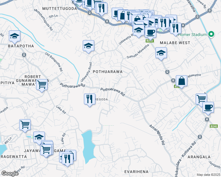 map of restaurants, bars, coffee shops, grocery stores, and more near Pothuarawa Road in Sri Jayawardenepura Kotte